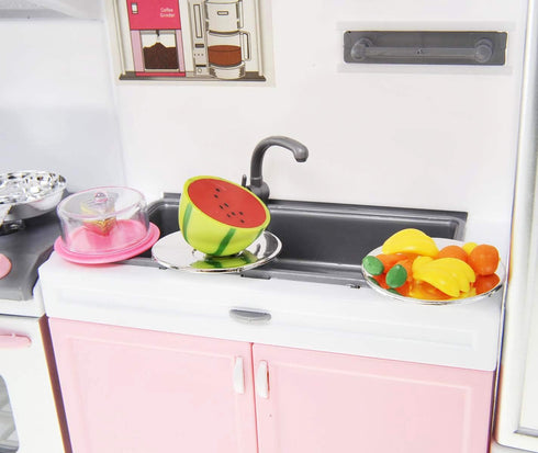 PowerTRC Mini Modern Doll Kitchen Play Set, Pink with Realistic Light & Sound for Kids
