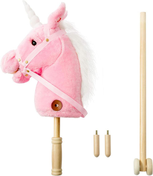 37 Inches(AA HollyHOME Plush Unicorn Stick Horse with Wood Wheels Real Pony Neighing and Galloping Sounds Plush Toy
