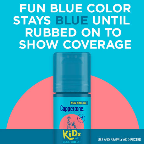 50, 2.5 Oz Coppertone Kids Roll On Sunscreen Lotion SPF Tear Free Kids Sunscreen with Blue Color and Zinc Oxide Sun