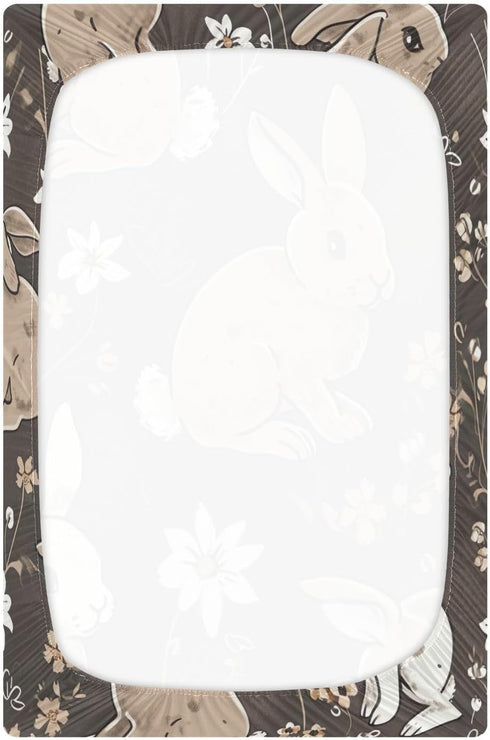 SDMKA 27x39 Inch Bunny Rabbits Brown Crib Sheets for Boys Girls - Portable Microfiber Fitted Crib Sheet for Playard