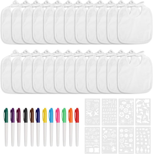 PEUTIER 24pcs DIY Baby Bib Decorating Kit, White Baby Bibs for Decorating with