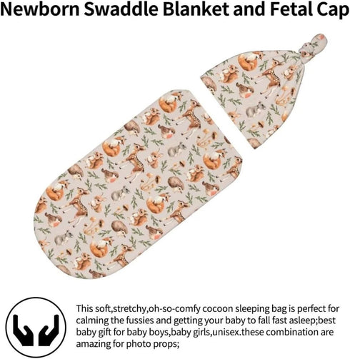 Qiankang Sets Cartoon Animals Newborn Swaddling Blanket Beanie Hat Soft Baby Receiving Funny Animal Blanket Soft