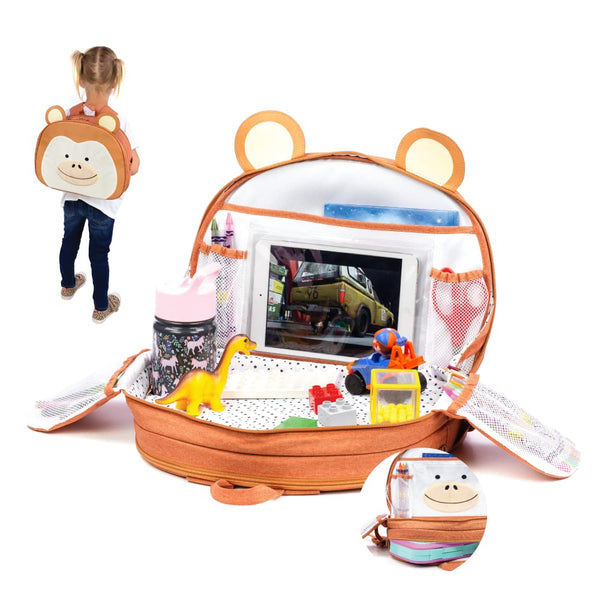 Lulyboo Toddler Car Seat Tray and Backpack, Airplane Travel Tray with Writing Surface and 8 Storage Pockets, Monkey