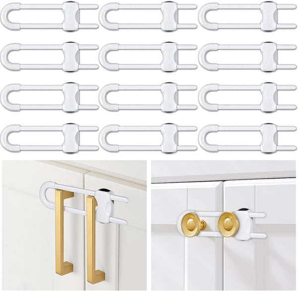 12 Packs Baby Proofing Sliding Cabinet Locks, Adjustable U-Shaped Child Safety Latches for Handles, Knobs, Drawers