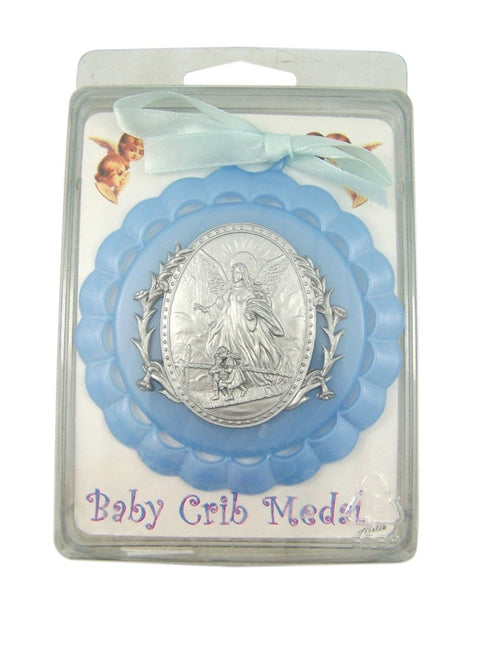 Moulded Acrylic Blue Crib Medal with Guardian Angel for Baby Boy Nursery Decor, 3 1/2 Inch