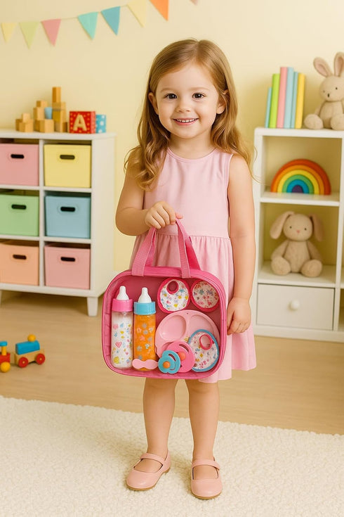 13-Piece Set Set 1218 My Sweet Baby Doll Feeding & Diaper Bag Disappearing Milk Bottles, Bibs, Pacifiers, Diapers