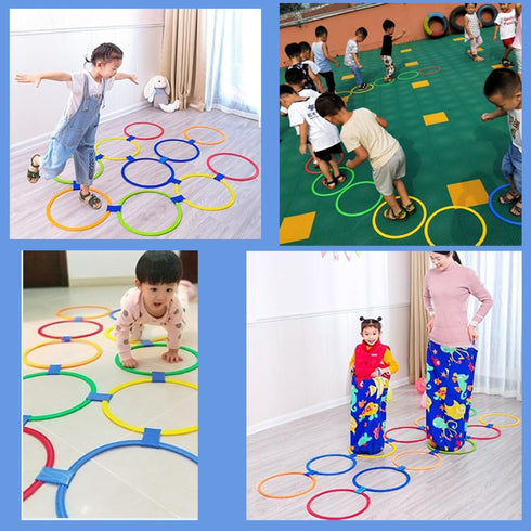 Hopscotch Squares and Ring Games - 11in/15in with 25 Connectors for Kids - Balance Agility Training Obstacle Course