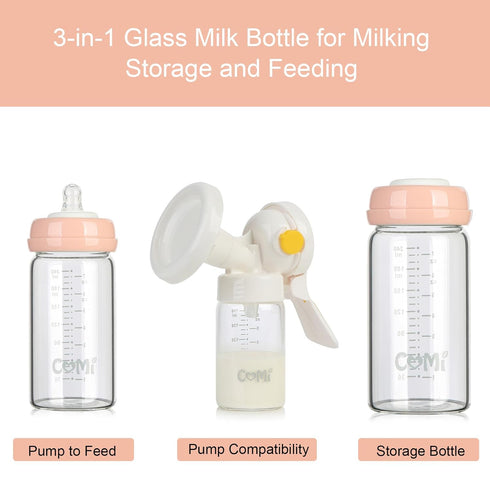 8oz (6 COMI Wide Neck Glass Breastmilk Collection n Storage Bottle, with Screw Ring Sealing Disk; Re-markable Sealing