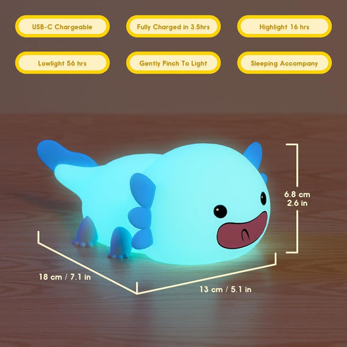 UNEEDE Blue Axolotl Night Light for Kids, Animal Silicone Nursery Lamp, Rechargeable Table Lamp for Bedroom Decor