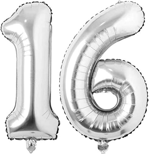 Jonhamwelbor Giant Silver Number Balloons, 16 Foil Mylar Balloons for Sweet 16th Birthday Party Supplies