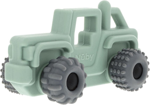 Nuby 6+ Silicone Teether Toy for Babies - Textured Teething Green Jeep Car with Moving Wheels - Soothes Sore Gums