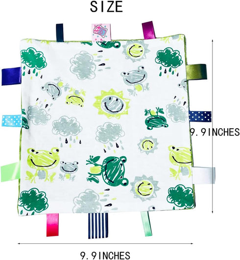 Cute Green Frog Baby Tags Blanket, Soft Toddler Security Blanket with Tags, Ideal Baby Gift