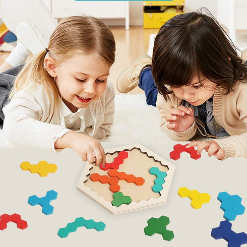 Skrtuan Wooden Blocks Puzzle for Kid Adults Brain Teaser Hexagon Puzzles Games Toy Shape Pattern Block Tangram Geometry