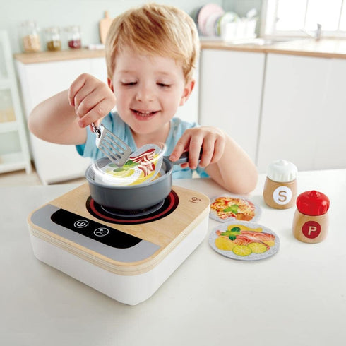 Playset Hape Fun Fan Fryer | Wooden Tabletop Stove with Fan, Kitchen for Preschoolers, Includes Salt and Pepper