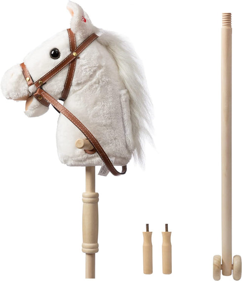 HollyHOME Stick Horse Plush Handcrafted Hobby Horse with Wood Wheels, Neighing and Galloping Sounds, White, 36 Inches