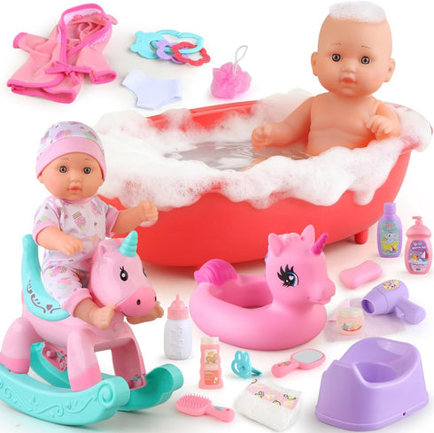 Baby Doll Bath Toys Set with Bathtub, 11" Baby Dolls, Rocking Chair,Swimming