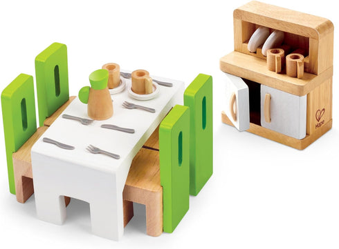 Set 1:12 Hape Wooden Doll House Furniture Dining Room with Accessories| Scales Miniature Dollhouse Furniture