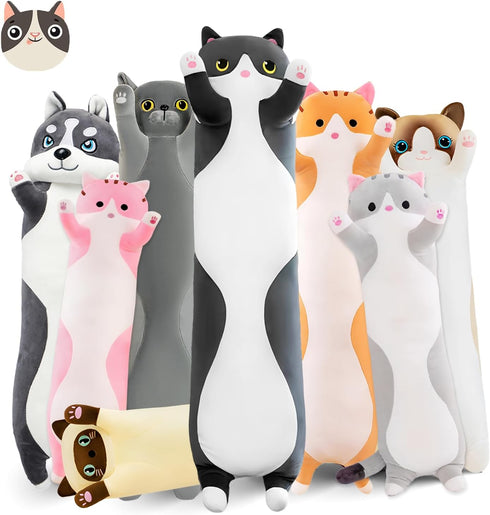 Long Cat Plush Pillow, 43.3in Cute Black Cat Plushie Stuffed Animal Body Pillow, Kawaii Doll Toy Gift