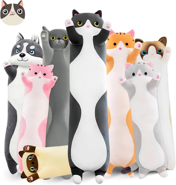 Long Cat Plush Pillow, 43.3in Cute Black Cat Plushie Stuffed Animal Body Pillow, Kawaii Doll Toy Gift