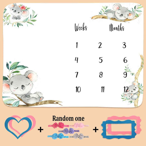 Baby Monthly Milestone Blanket, Koalas Trunk Branch Leaf Wreath, 48"x40", Unisex with 4 Frames and 1 Headband