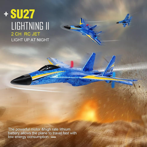 Su-27 RC Airplane, 2.4GHz 2 Channel Remote Control Plane with Gyro Night Lights and 2 Batteries, Easy to Fly Toy