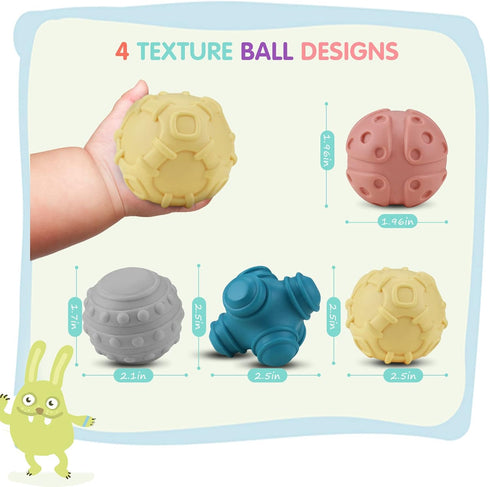Baby Soft Textured Ball Set, Sensory Ball Toys for Exploration, Sound & Bath Toys, Gift for 6+ Months (4PCS)