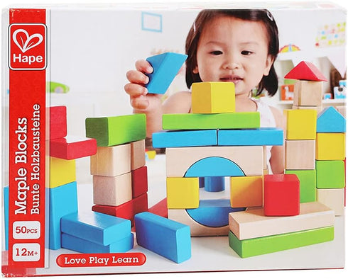 Maple Wood Kids Building Blocks by Hape, 50 Brightly Colored Pieces Stacking Educational Toy Set for Toddlers in