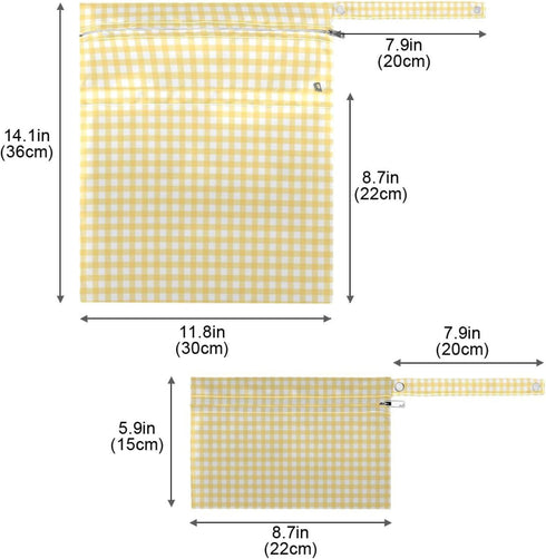Gravopti Set 2, Yellow Gingham Wet Dry Bags of Reusable Waterproof Organizer with Zipper Pockets for Baby Diapers