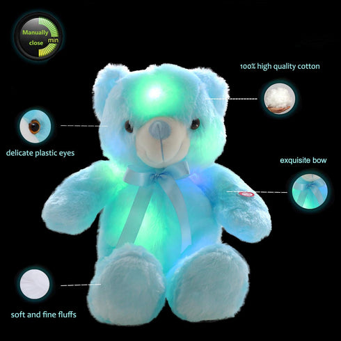 LED Teddy Bears Stuffed Animals, 18 Inch Cute Glow Bear Plush Toys, Colorful Light Up Doll Gifts for Kids, Baby, Blue