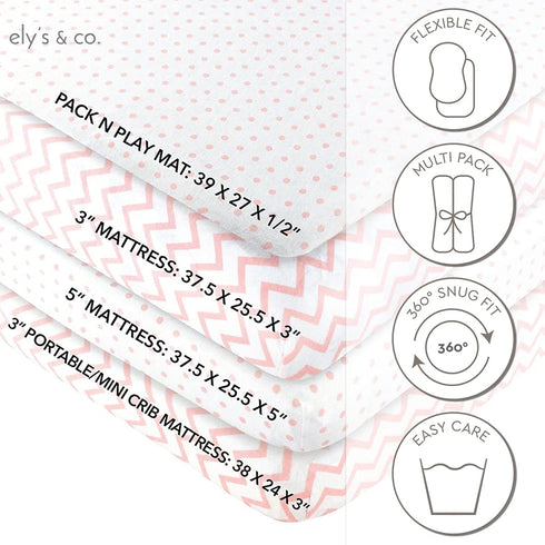 Pack Set 100% 2 Pack Ely's & Co n Play , Portable mini Crib Sheet Jersey Cotton Pink Chevron and Polka Dots for Baby