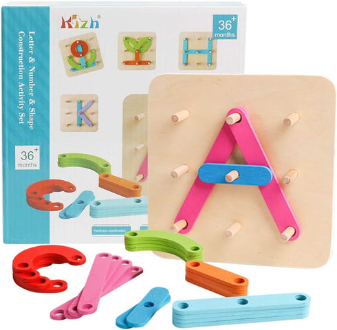 Set Set kizh Wooden Letter and Number Construction Activity Educational Preschool Toys Shape Color Recognition Pegboard