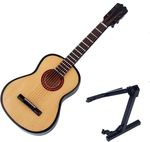 Dselvgvu Wooden Miniature Guitar with Stand and Case, Mini Musical Instrument Dollhouse Model (6.51"x2.28"x0.89")