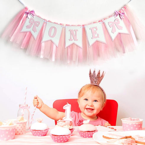 Derzhssg 1st Pink Bowknot One Birthday Highchair Banner - Girl Birthday High Chair Banner, Party Decoration Photo