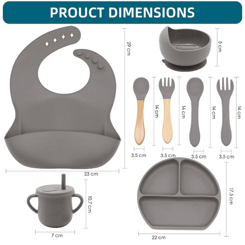 100% Silicone baby feeding set,BPA free Baby dishes set with Suction Bowl Divided Plate,Toddler Self Feeding Dish Set with Spoons Forks Sippy Cup And Bib, Baby Eating Utensils (Light Brown) by Dormlony