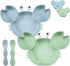 PandaEar 2 Pack Silicone Suction Plate for Baby, Unbreakable Toddler Food Plate with 2 Spoons, Crab Shape - Blue & Green
