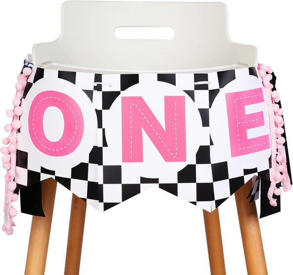 JOYMEMO Fast One Birthday High Chair Banner - Pink Black Race Car