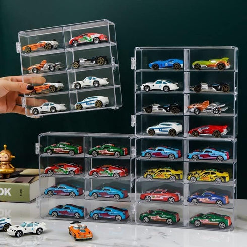 YAMAXUN 1/64 32 4-Pack Acrylic Display Case for Scale Matchbox Toy Cars - Slots, Clear & Dustproof, Storage Organizer