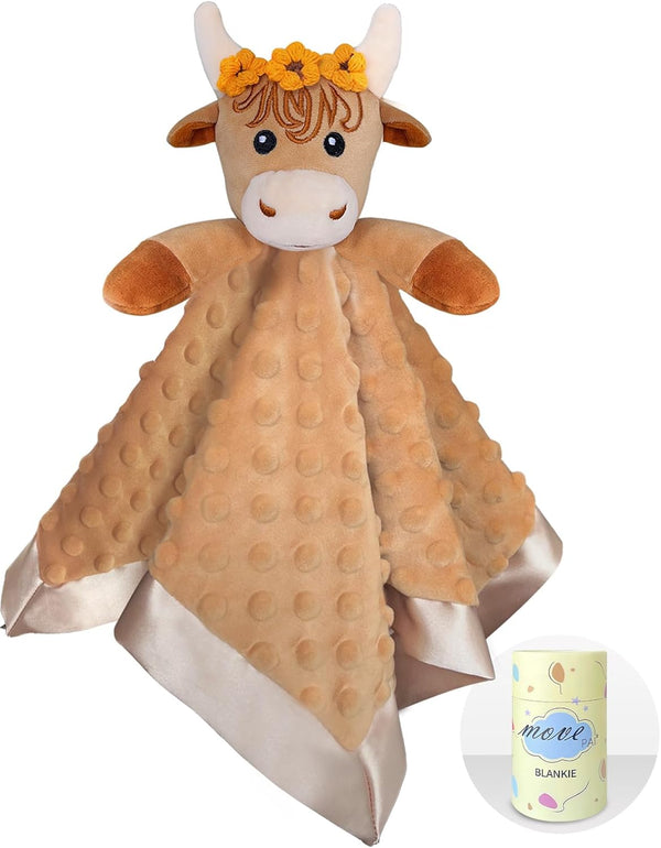 Girl Highland Cow Baby Lovey Security Blanket, 16" Soft Snuggle Stuffed Animals, Gifts for Infant and Toddler