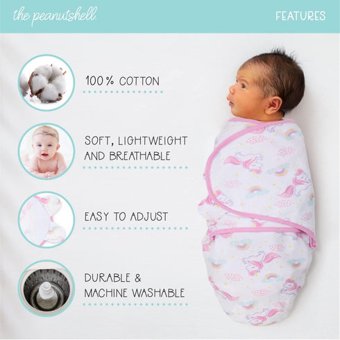 Set 3 Pack 0-3 The Peanutshell Swaddle for Baby Girls - Rainbow and Unicorn - (S/M - Months)