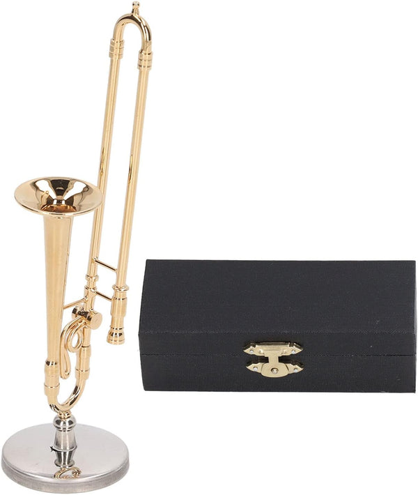Copper Miniature Trombone with Stand and Case, Dollhouse Musical Instruments Accessories for Mini Musical Model