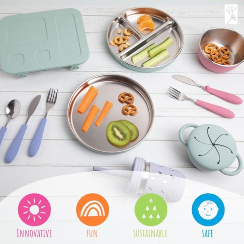 2 Pack Elk and Friends Stainless Steel Snack Cups | Removable Silicone Food Catcher and Travel Lid | Spill-Proof Snack