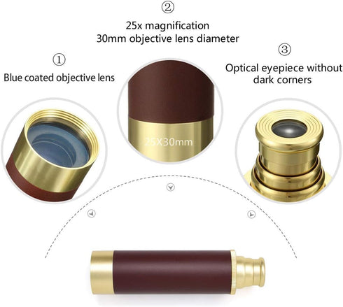 Aubric 25x30 Retro Pirate Telescope Zoomable Spyglass Portable Collapsible Handheld Telescope Vintage Monocular