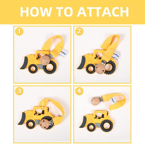 Baby Food Grade Silicone Car Teether Toy with Pacifier Clip Holder, Yellow Bulldozer, BPA Free, 3 Months+