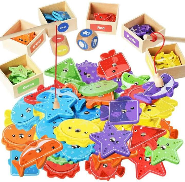 Montessori Fishing Game for Toddler 1-3,Wooden Magnetic Fishing Game,Early Educational-Shape & Color