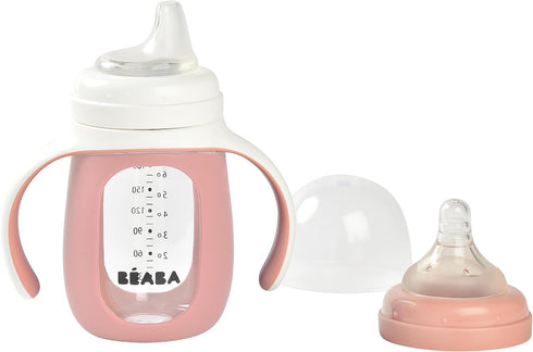 Baba 2-in-1 7 oz BEABA Glass Baby Bottle to Glass Transition Sippy Cup, Spill Proof Sippy Cup, Toddler Baby Bottle
