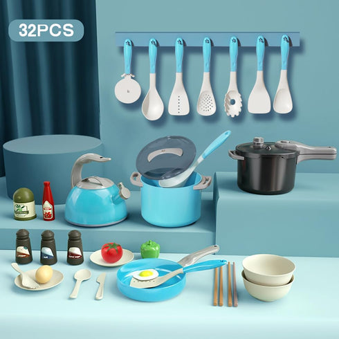 Bruvoalon 32Pcs Kids Play Kitchen Toy Set, Pretend Cooking Accessories with Pots, Pans, and Foods for Girls Boys