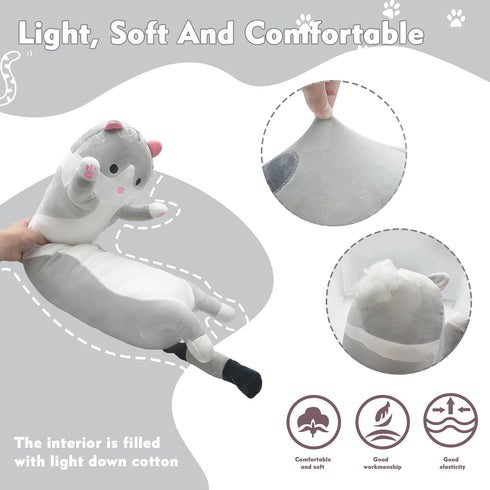 Long Cat Plush Pillow - 19.6in Cute Cat Plushie Stuffed Animals Body Pillow - Grey Kawaii Kitten Soft Plushie Doll Toy