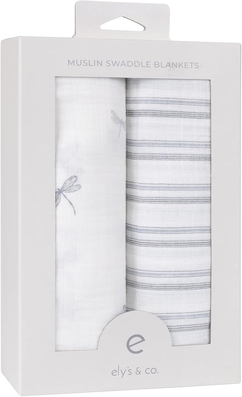 2-Pack 100% 47x47 Ely's & Co. Muslin Swaddle Blankets for Baby Boy, Cotton Muslin Extra Large Swaddle Receiving
