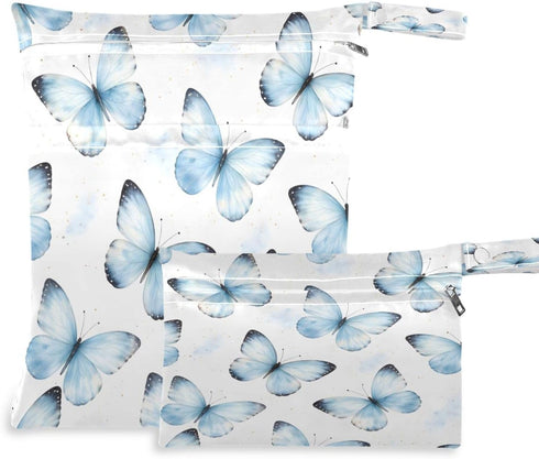 Haskirky Blue Butterflies Watercolor 2 Pcs Cloth Diaper Wet Dry Bags,Waterproof and Washable