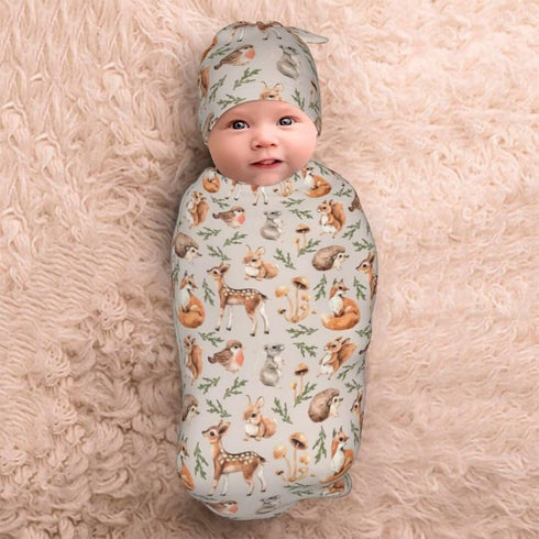 Qiankang Sets Cartoon Animals Newborn Swaddling Blanket Beanie Hat Soft Baby Receiving Funny Animal Blanket Soft